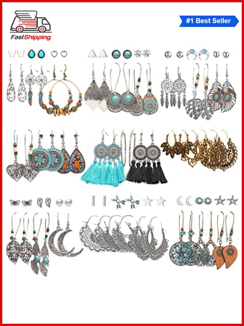✨ 45 Pairs Big Vintage Silver Drop Dangle Earrings Set for Women Boho